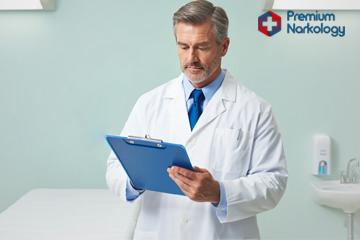 Врач в больничной палате держит планшет с бумагами